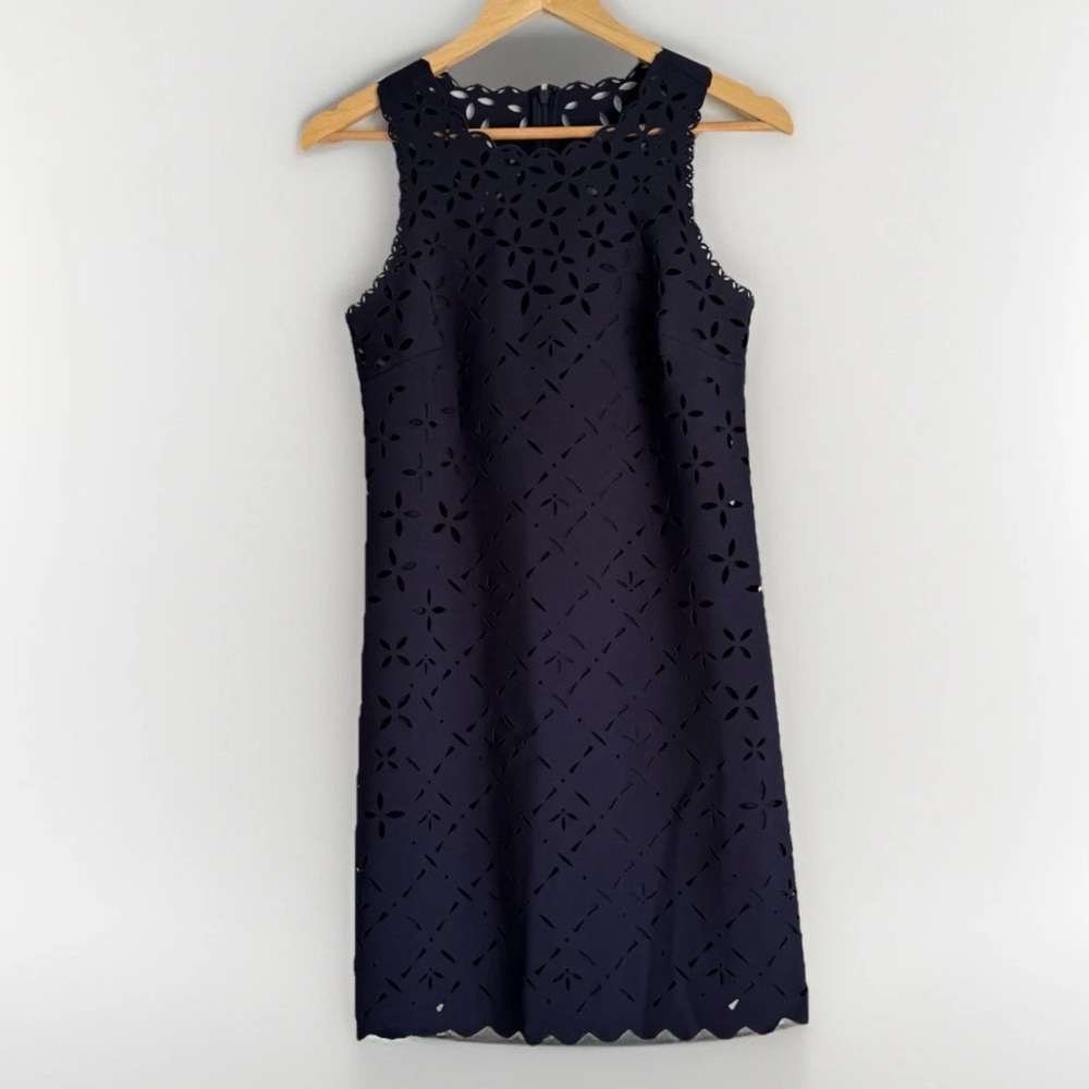 J. Crew Women’s Navy Floral Laser Cut Eyelet Dress Sz 0 Scalloped Quiet Luxury